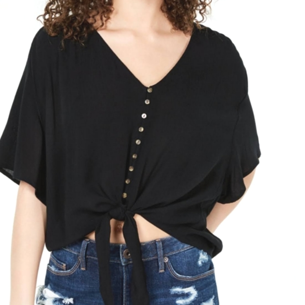 Ultra Flirt Black textured v neckline tie front top, NEW